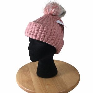 NWT Topshop Scandi Beanie Hat Pink Faux Fur Pom Pom Sweater Knit Winter Cap